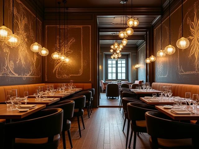 Eksklusiv restaurant med håndmalte kalligrafiske paneler og skreddersydd belysning i Bergen